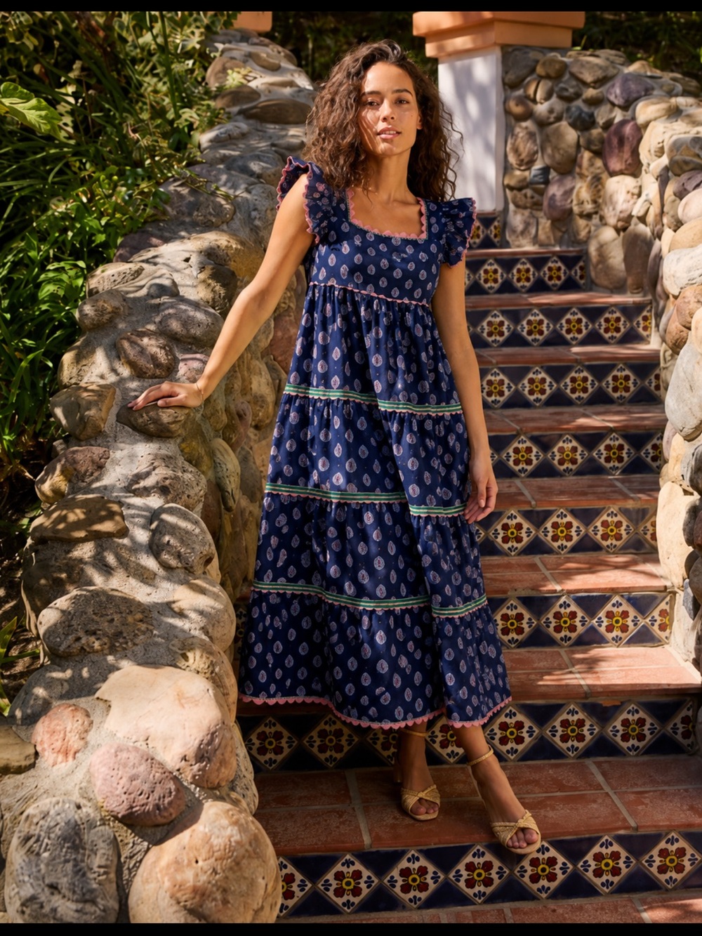 Printfresh Dress Dunmore Tiered Midi Scallop Hem in Blue Paisley